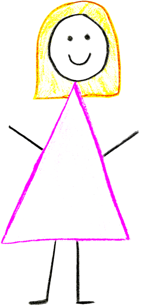 A stick figure girl with blonde hair and a pink triangular dress, with a simple smiley face. Hand drawn using colored pencils.