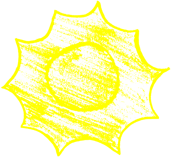 A yellow cartoon-style sun, drawn using colored pencils.